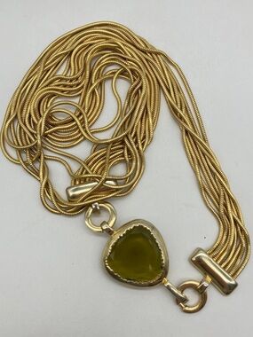 Vintage Les Bernard Multi-Strand Snake Chain Green Gemstone-Style Hook Necklace
